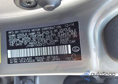 2015 Lexus Es350 z USA, uszkodzony, nr VIN JTHBK1GG0F2174769